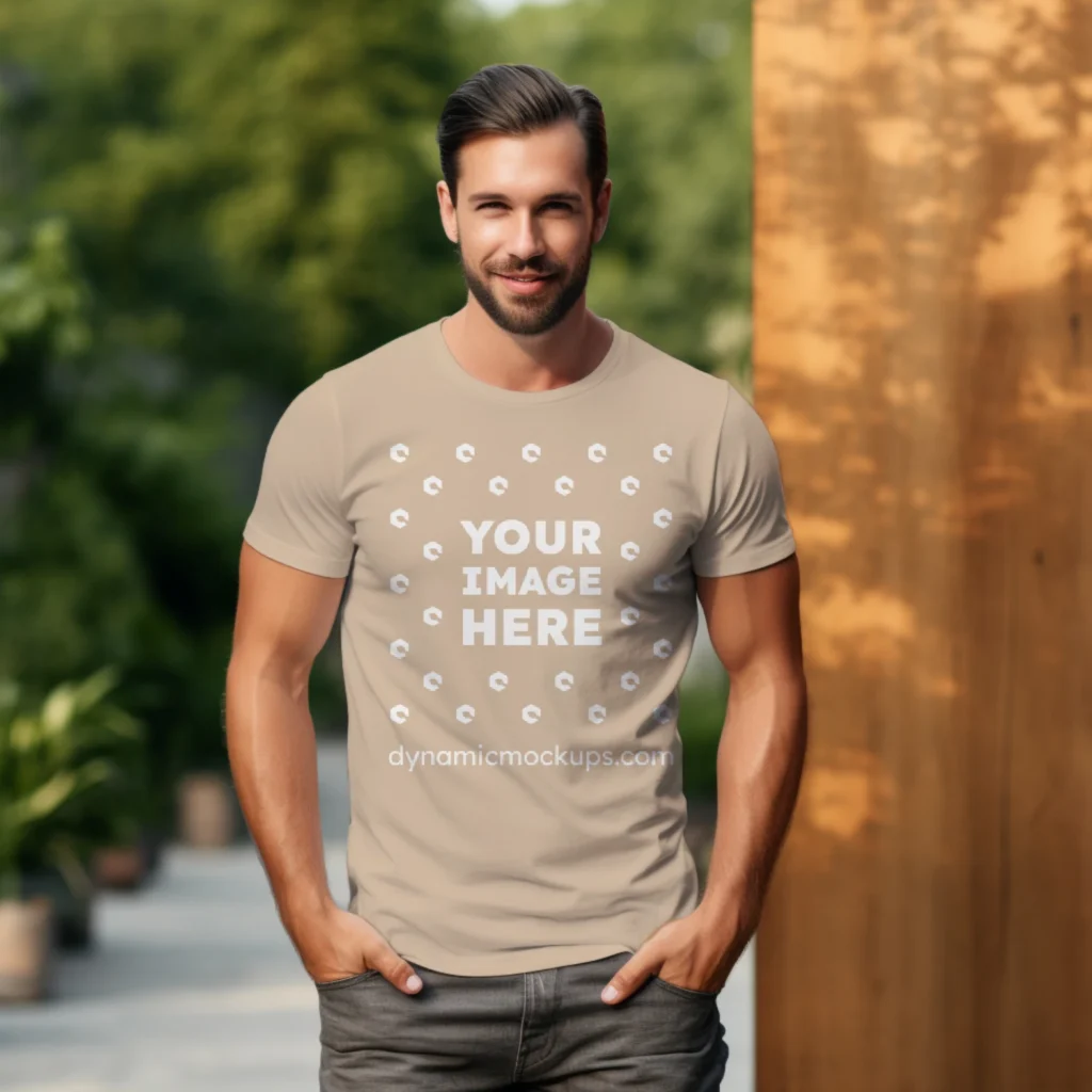 Man Wearing Beige T-shirt Mockup Front View Template