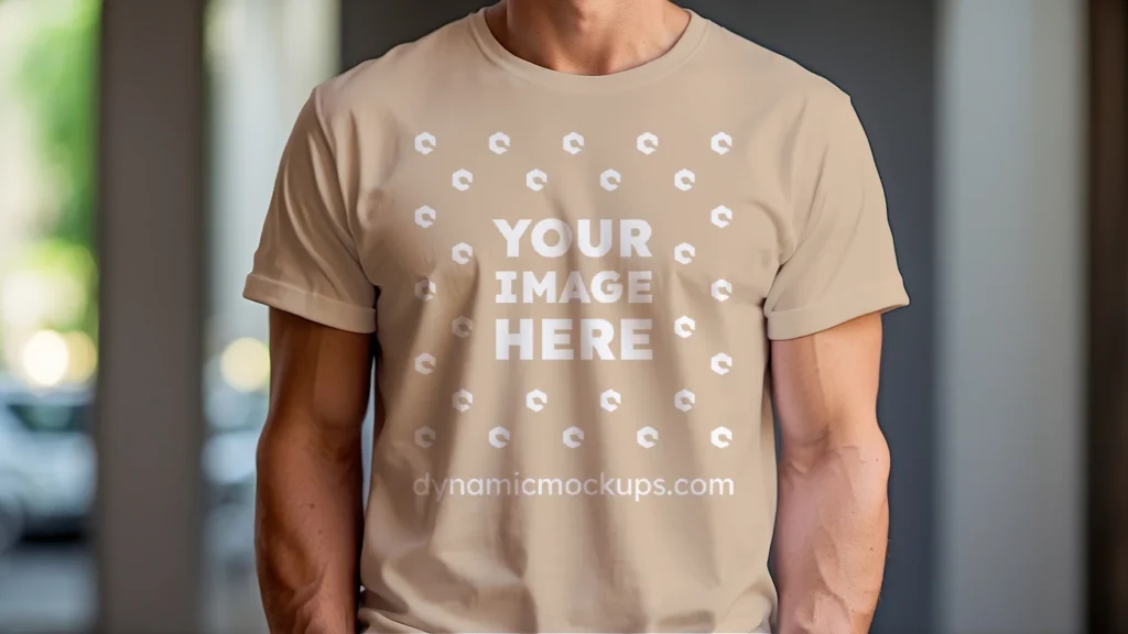 Man Wearing Beige T-shirt Mockup Front View Template