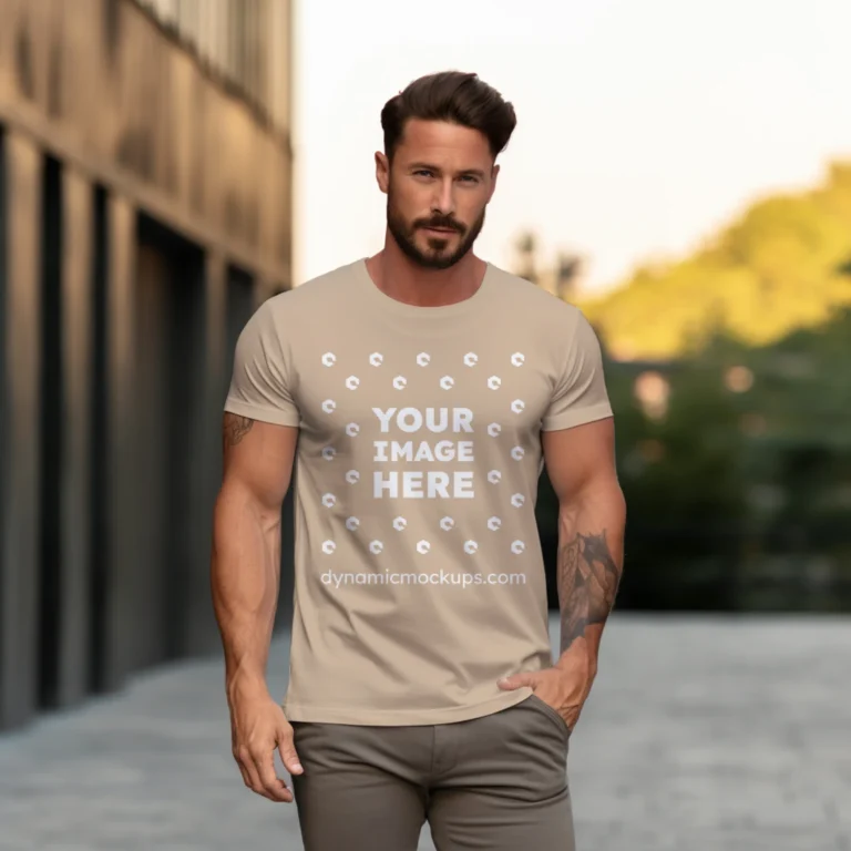 Man Wearing Beige T-shirt Mockup Front View Template