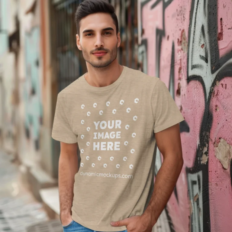 Man Wearing Beige T-shirt Mockup Front View Template