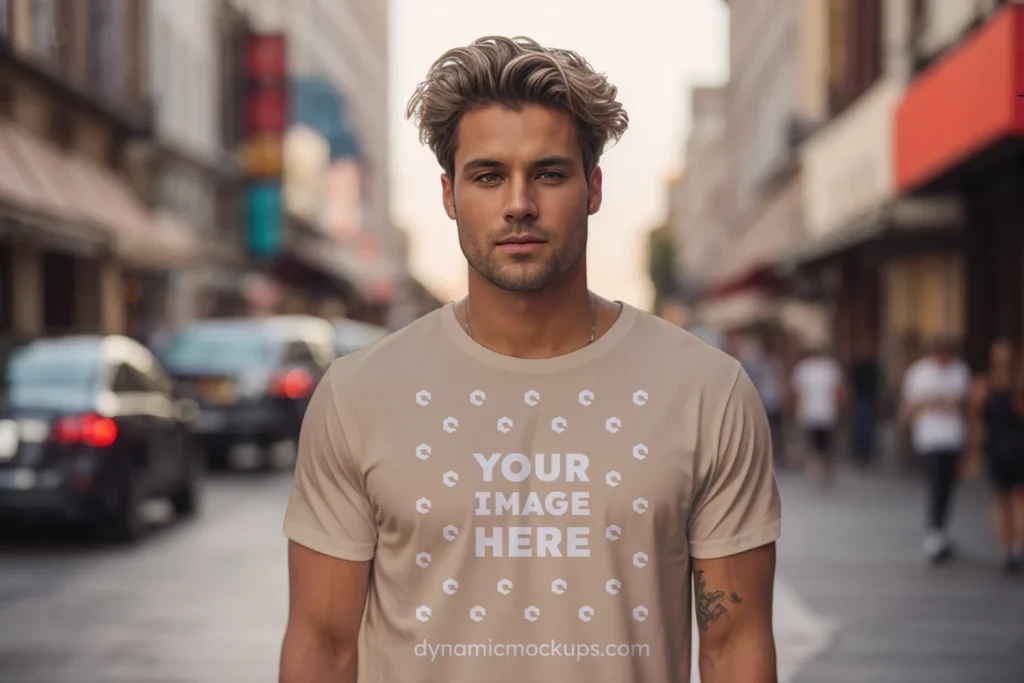 Man Wearing Beige T-shirt Mockup Front View Template