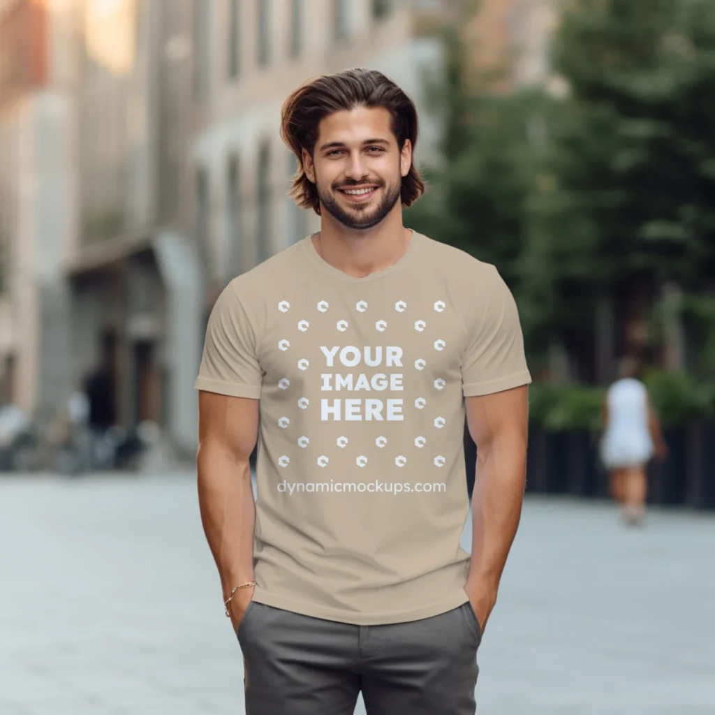 Man Wearing Beige T-shirt Mockup Front View Template