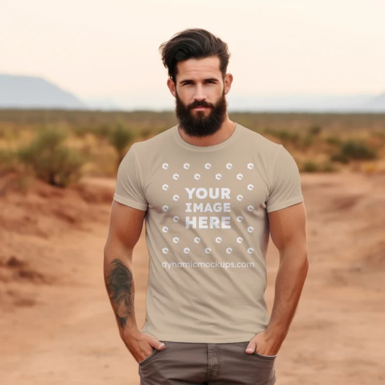 Man Wearing Beige T-shirt Mockup Front View Template