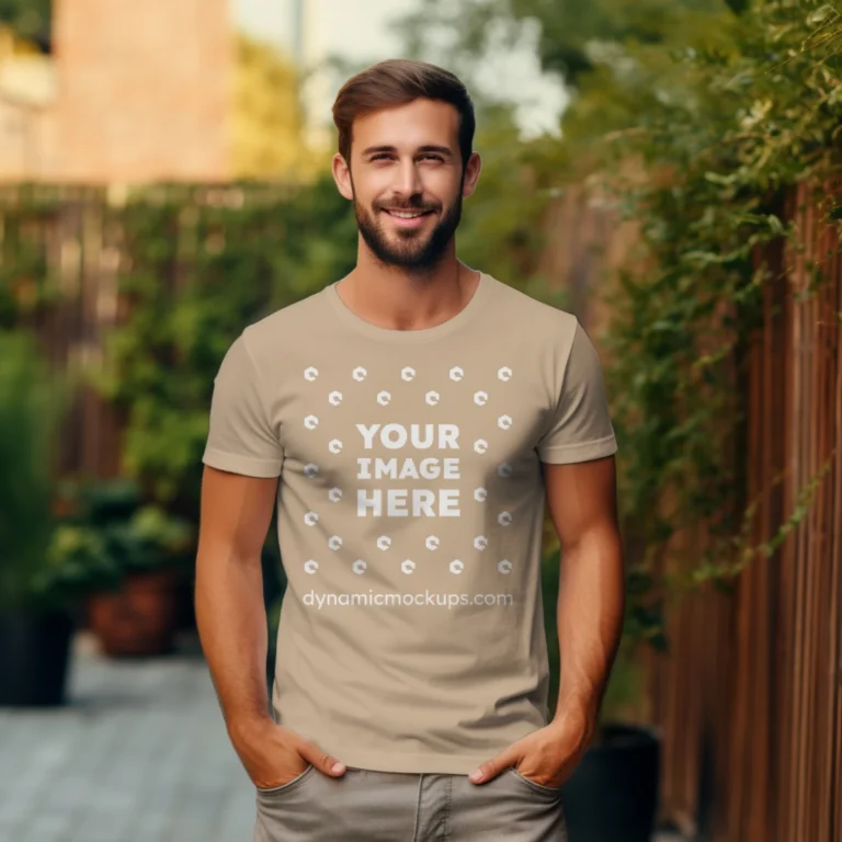 Man Wearing Beige T-shirt Mockup Front View Template