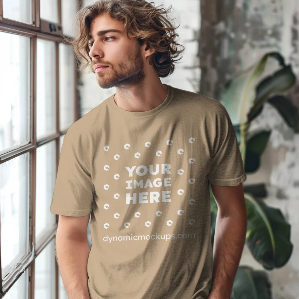 Man Wearing Beige T-shirt Mockup Front View Template