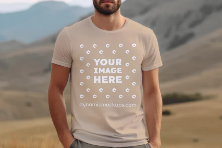 Man Wearing Beige T-shirt Mockup Front View Template