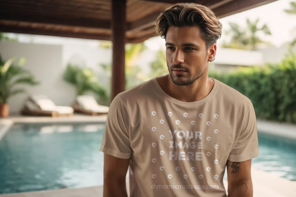 Man Wearing Beige T-shirt Mockup Front View Template