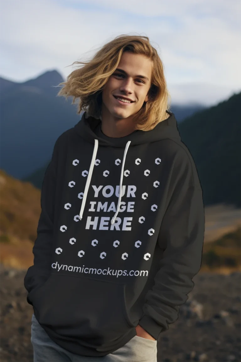 Man Wearing Black Hoodie Mockup Front View Template