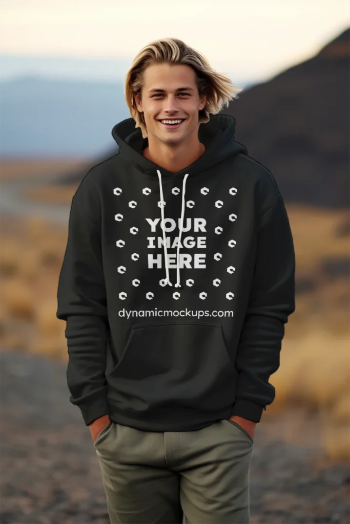 Man Wearing Black Hoodie Mockup Front View Template