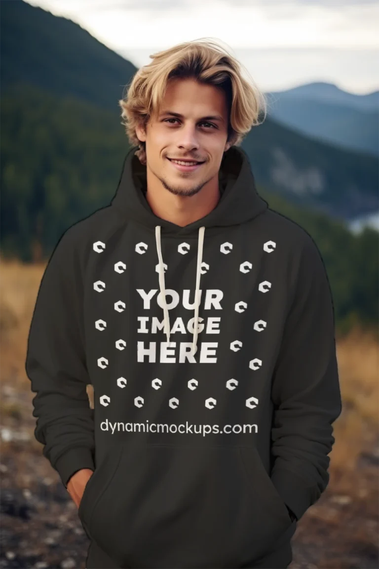 Man Wearing Black Hoodie Mockup Front View Template