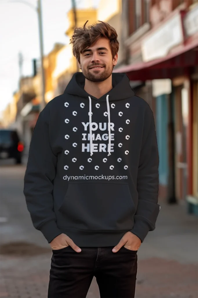 Man Wearing Black Hoodie Mockup Front View Template