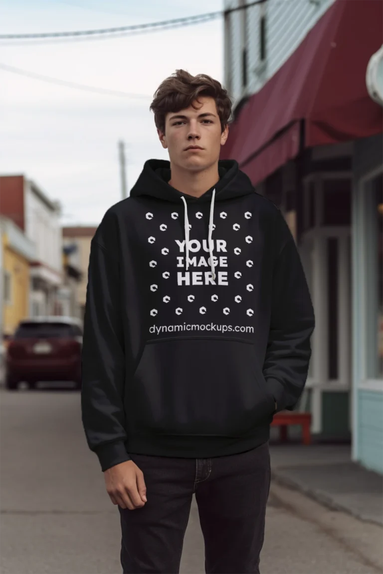 Man Wearing Black Hoodie Mockup Front View Template