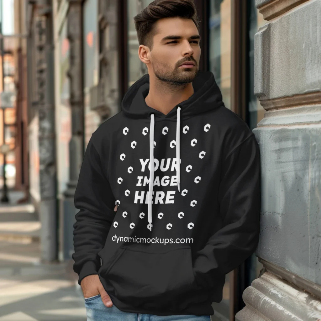 Man Wearing Black Hoodie Mockup Front View Template