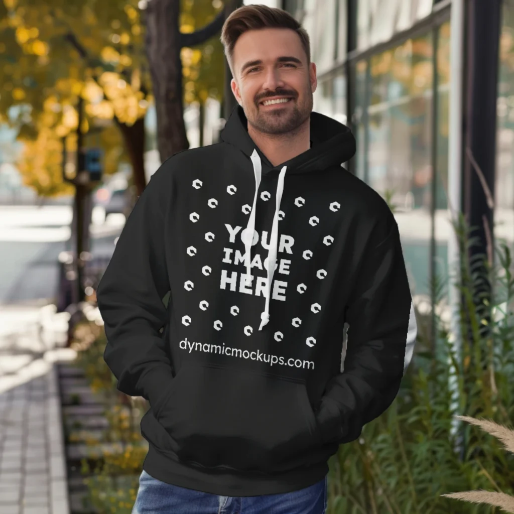 Man Wearing Black Hoodie Mockup Front View Template