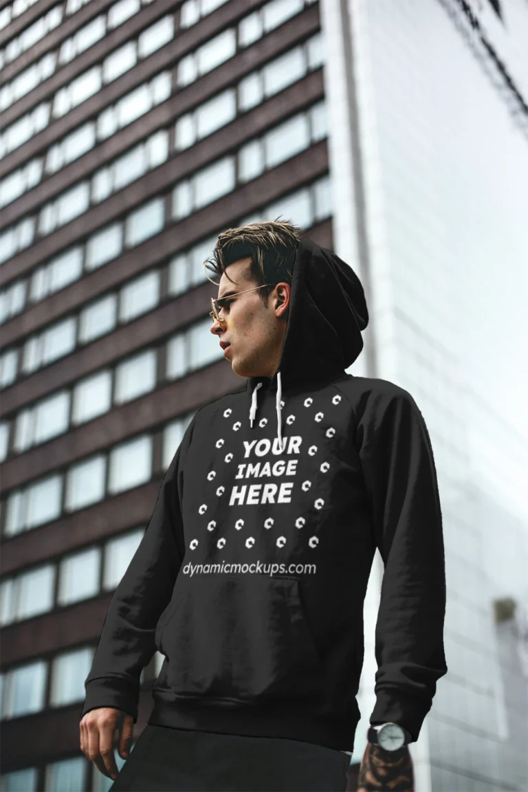 Man Wearing Black Hoodie Mockup Front View Template