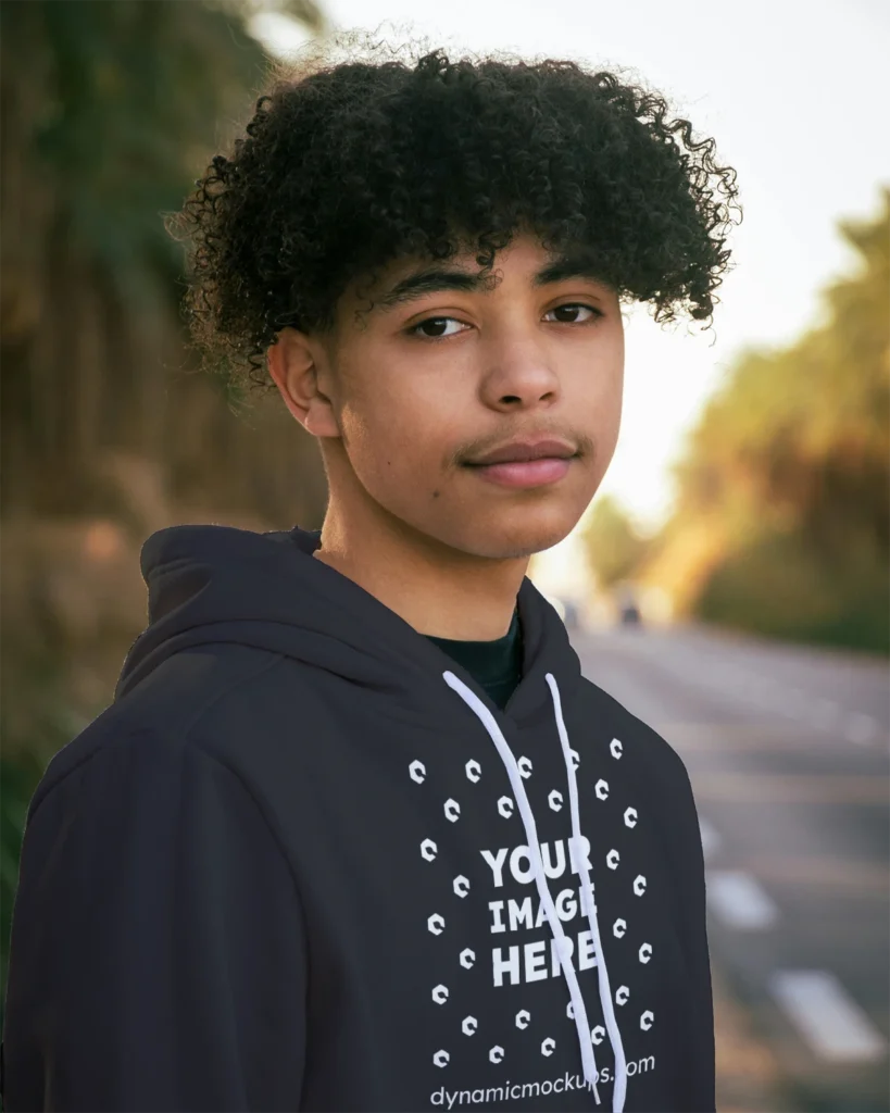 Man Wearing Black Hoodie Mockup Front View Template