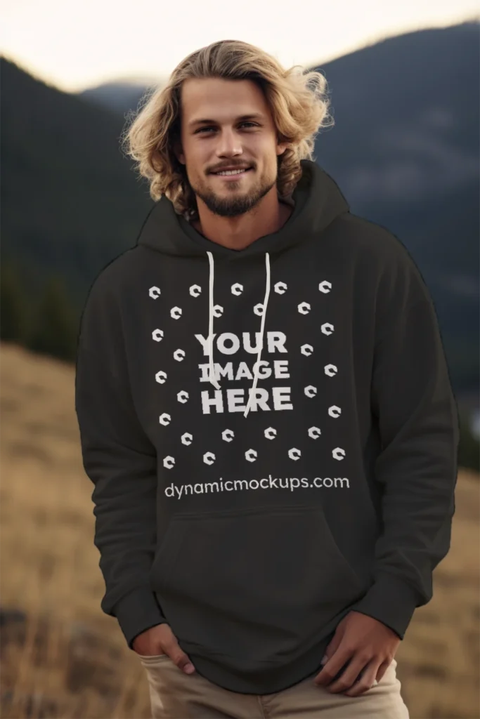 Man Wearing Black Hoodie Mockup Front View Template