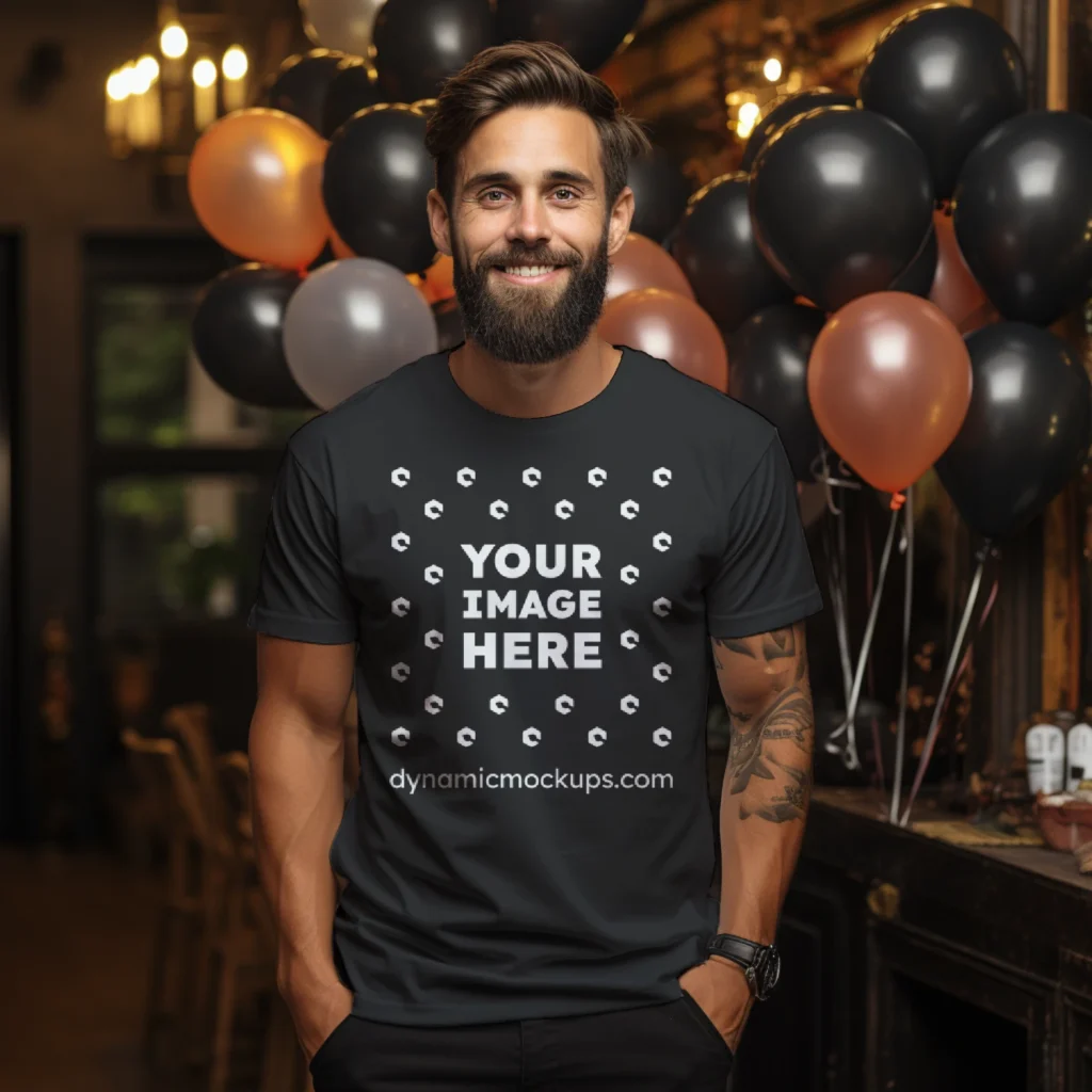 Man Wearing Black T-shirt Mockup Front View Template