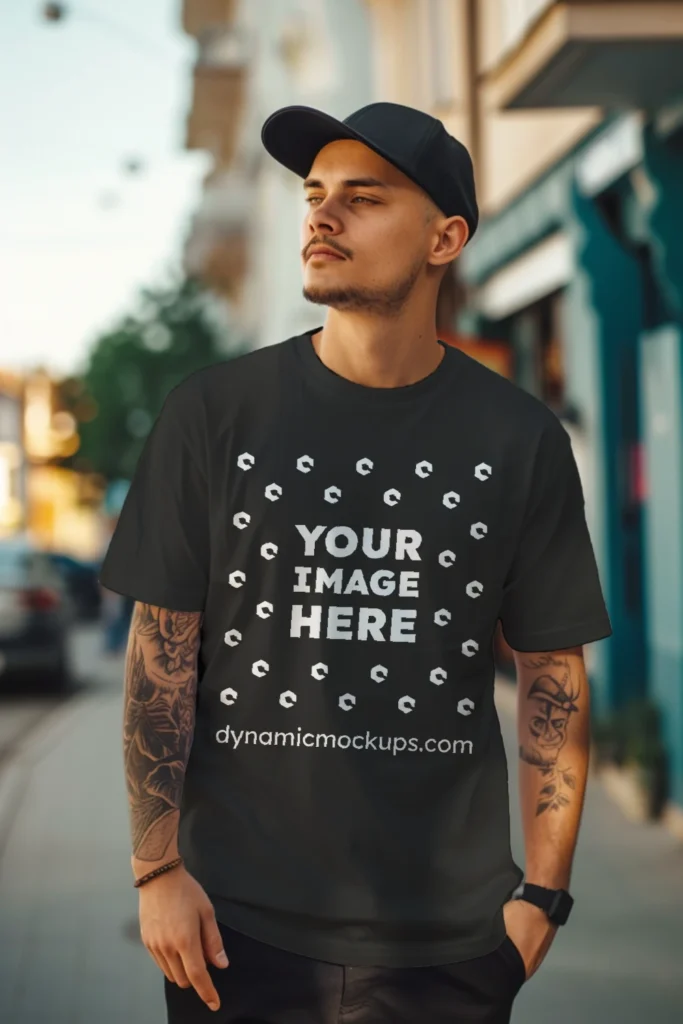 Man Wearing Black T-shirt Mockup Front View Template