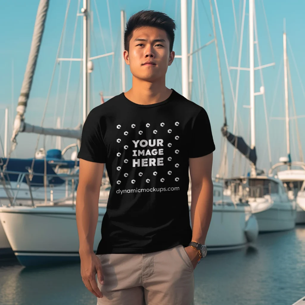 Man Wearing Black T-shirt Mockup Front View Template