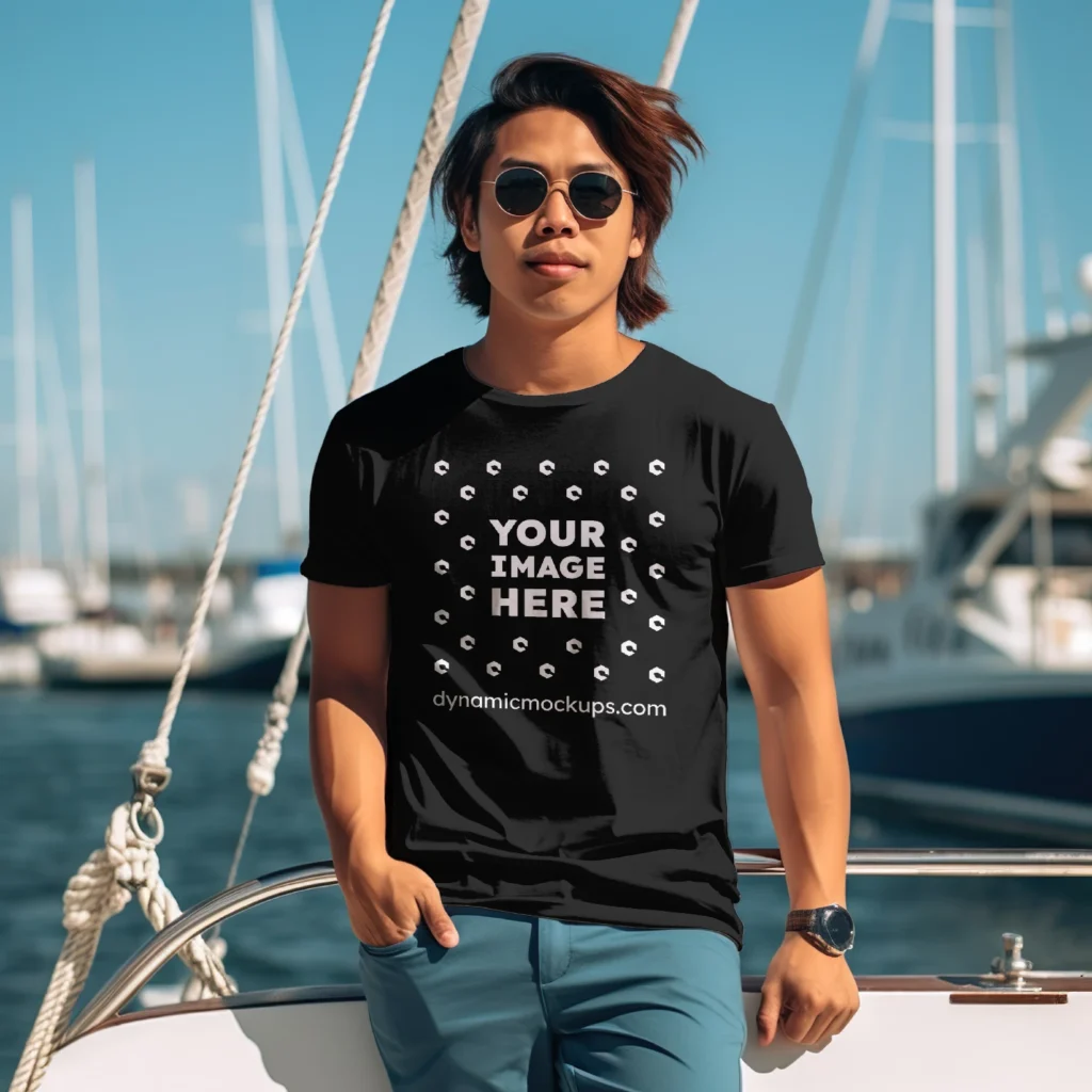 Man Wearing Black T-shirt Mockup Front View Template