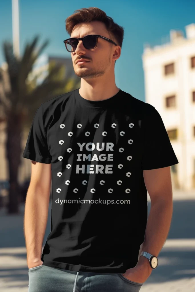 Man Wearing Black T-shirt Mockup Front View Template