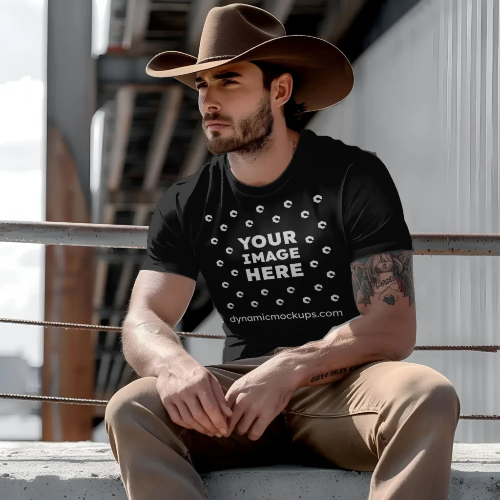 Man Wearing Black T-shirt Mockup Front View Template