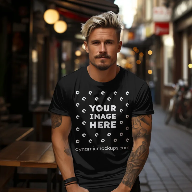 Man Wearing Black T-shirt Mockup Front View Template