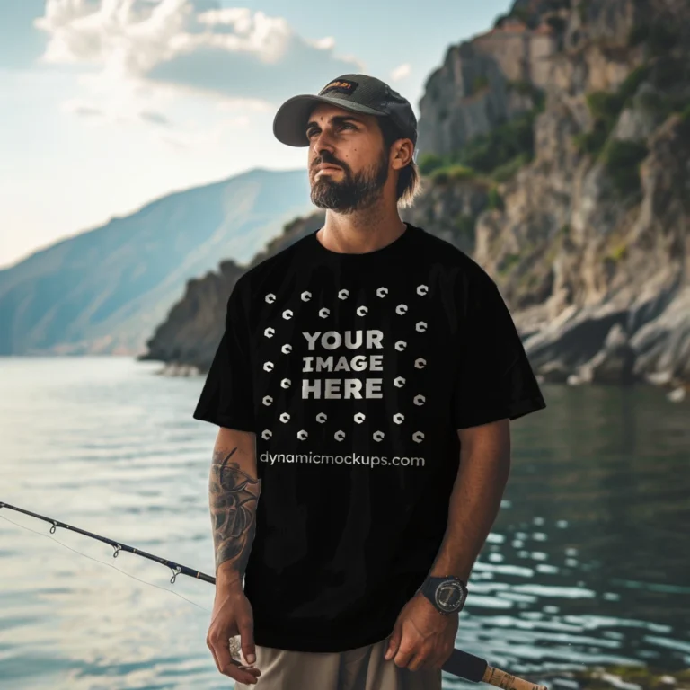 Man Wearing Black T-shirt Mockup Front View Template