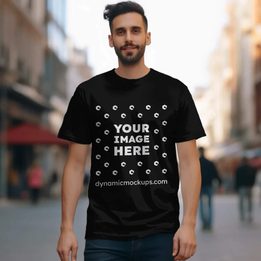 Man Wearing Black T-shirt Mockup Front View Template