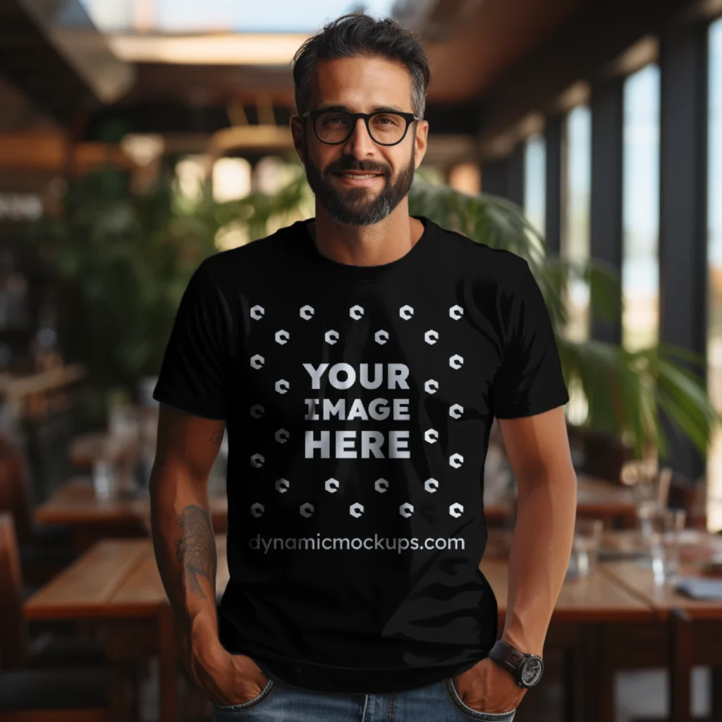 Man Wearing Black T-shirt Mockup Front View Template