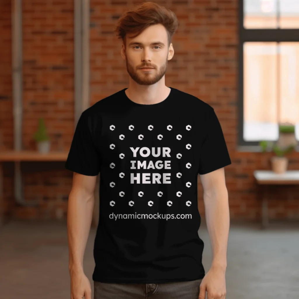 Man Wearing Black T-shirt Mockup Front View Template