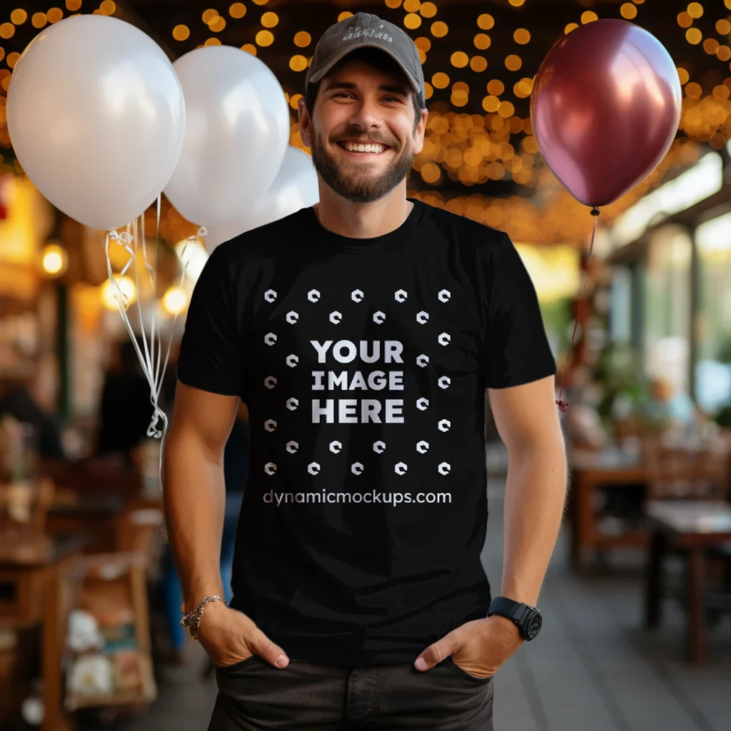 Man Wearing Black T-shirt Mockup Front View Template