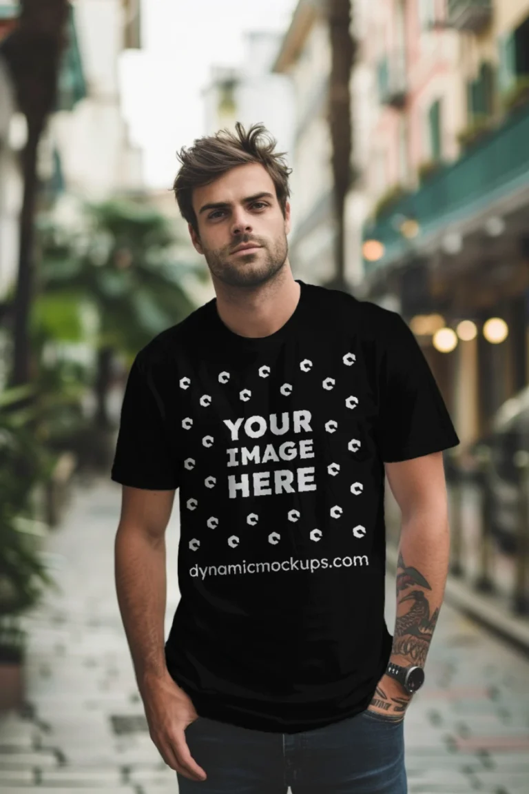 Man Wearing Black T-shirt Mockup Front View Template