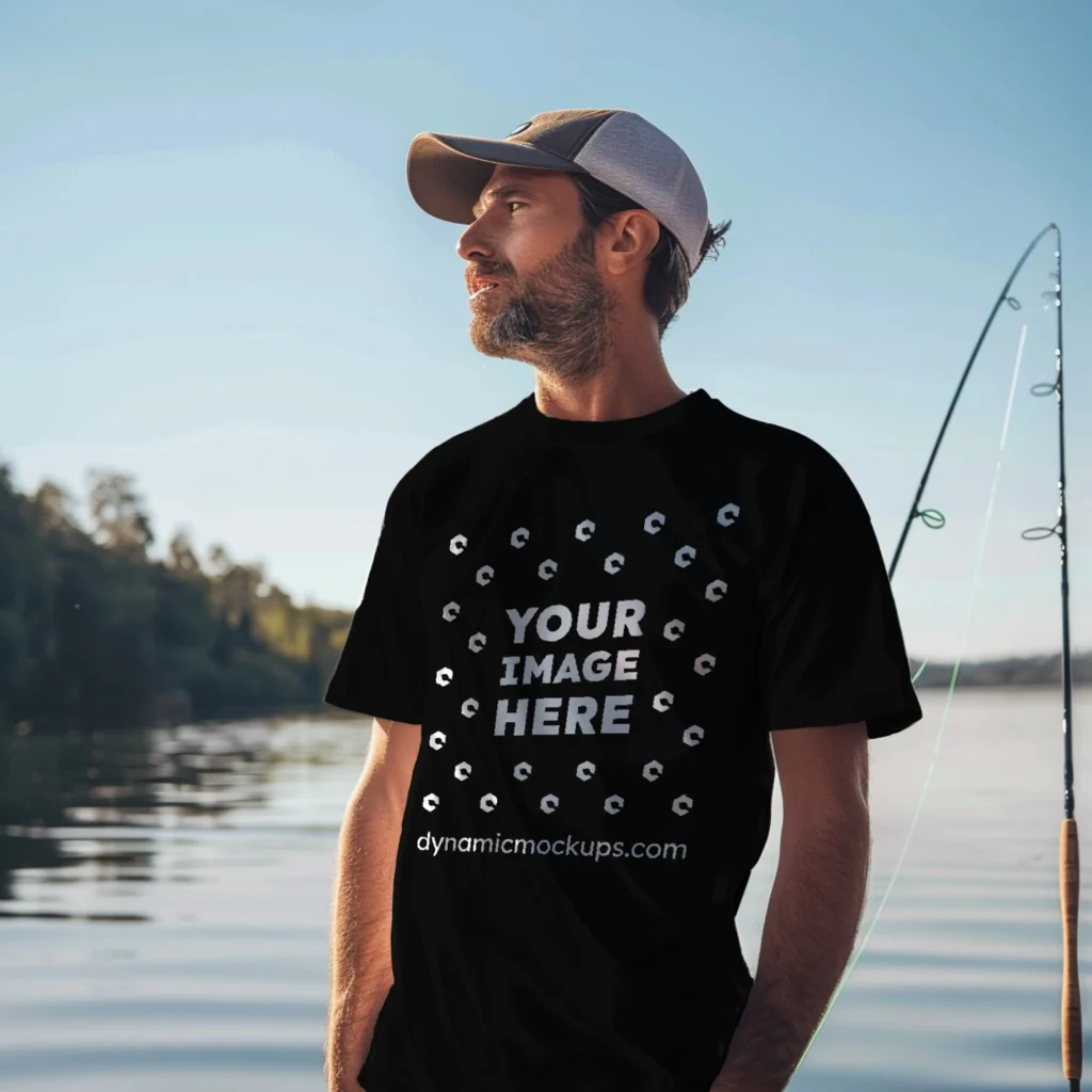 Man Wearing Black T-shirt Mockup Front View Template