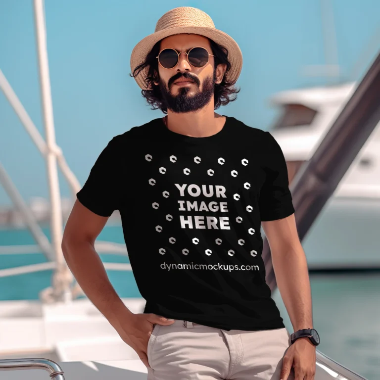 Man Wearing Black T-shirt Mockup Front View Template