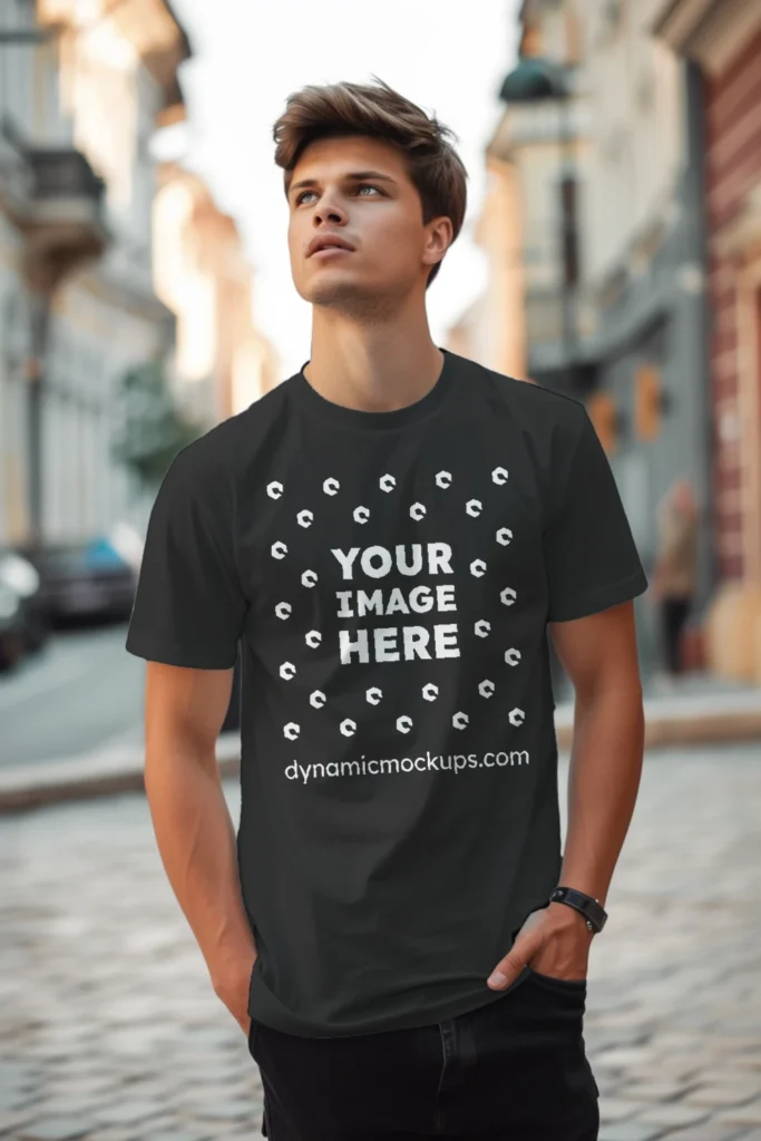 Man Wearing Black T-shirt Mockup Front View Template