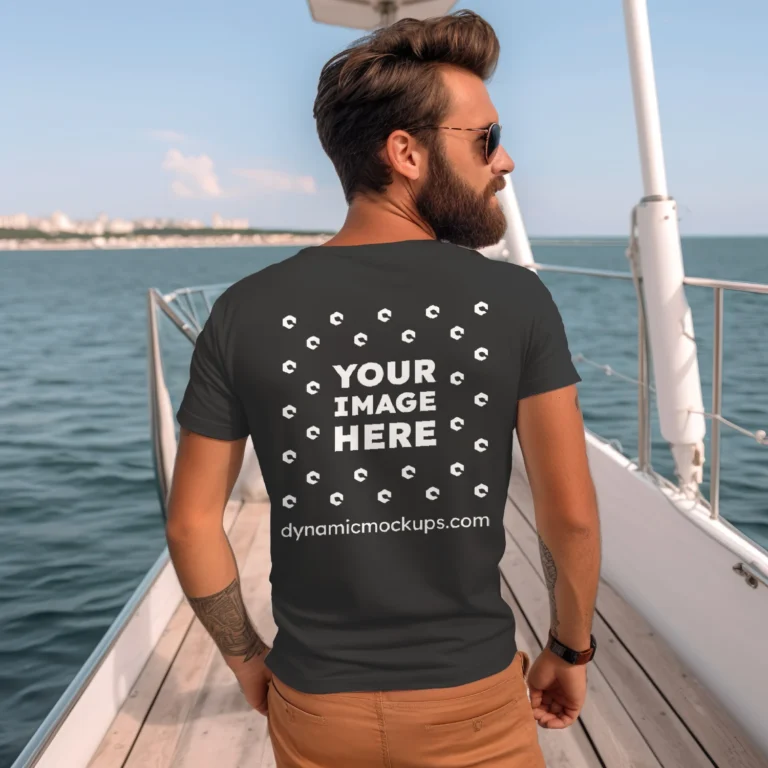 Man Wearing Black T-shirt Mockup Back View Template