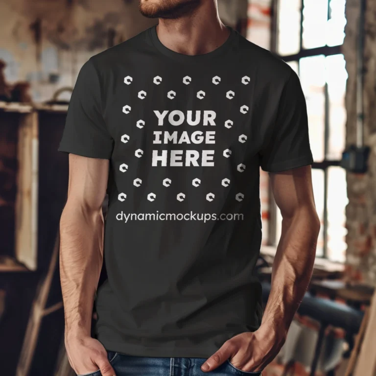 Man Wearing Black T-shirt Mockup Front View Template