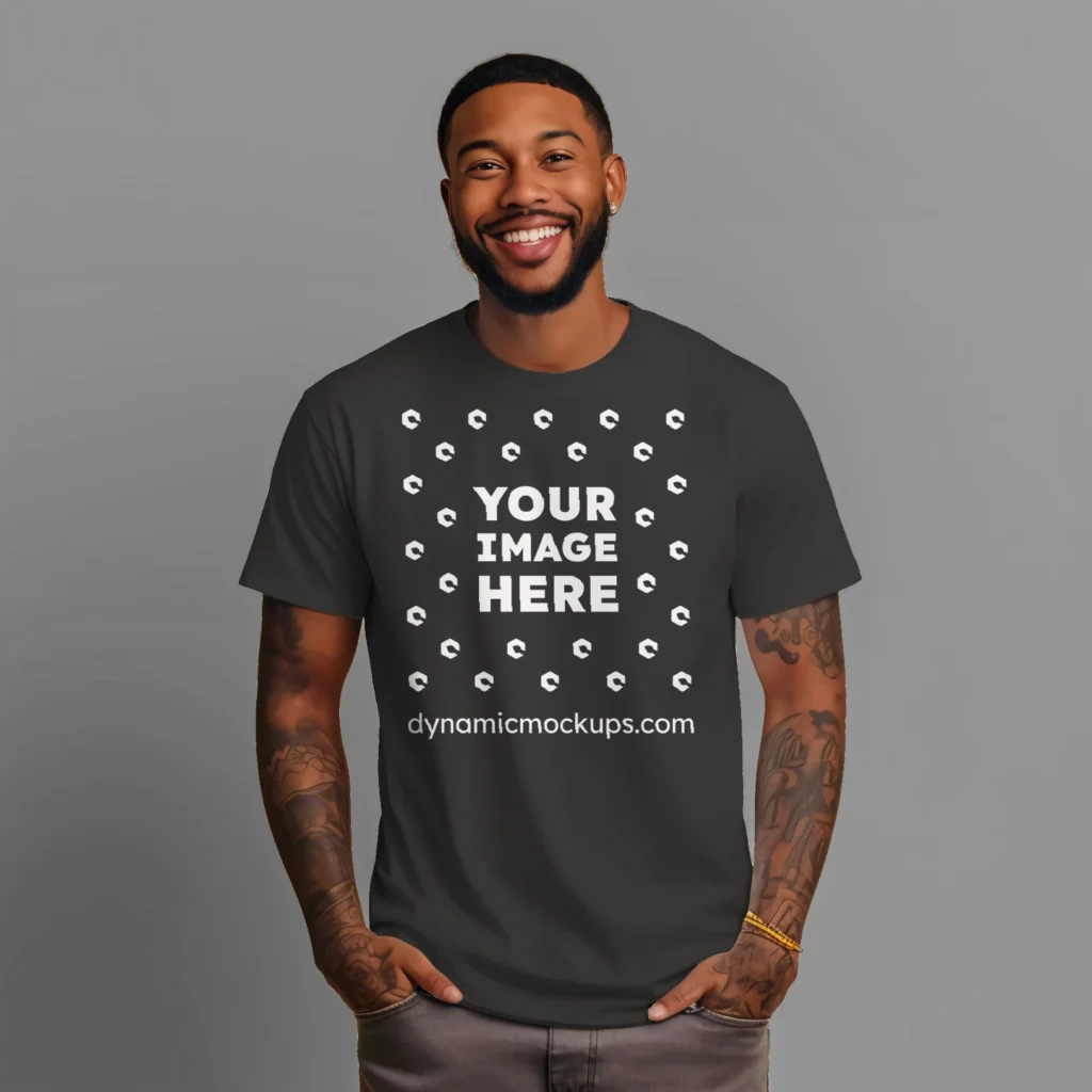 Man Wearing Black T-shirt Mockup Front View Template