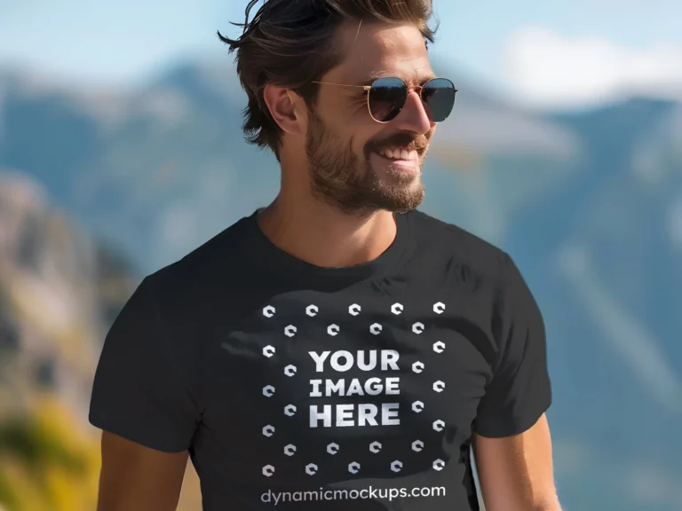 Man Wearing Black T-shirt Mockup Front View Template