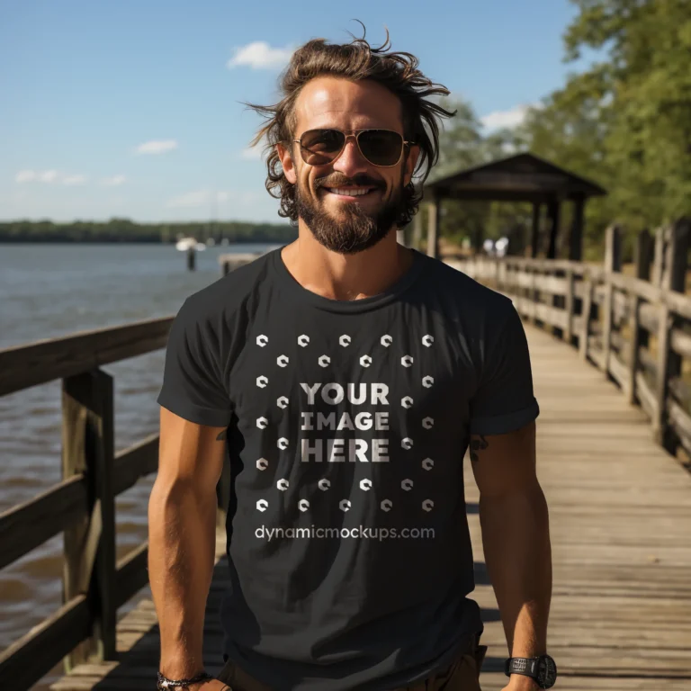 Man Wearing Black T-shirt Mockup Front View Template