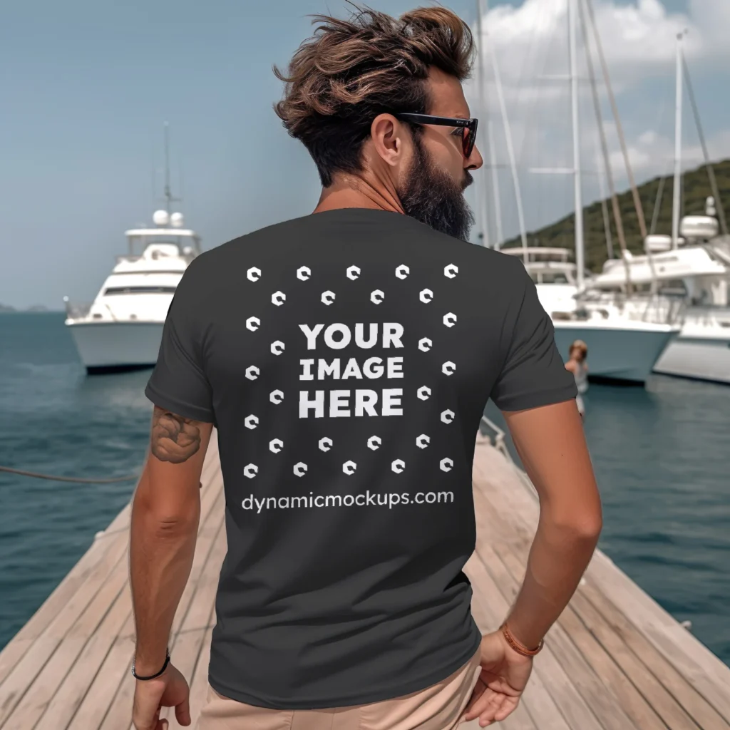 Man Wearing Black T-shirt Mockup Back View Template