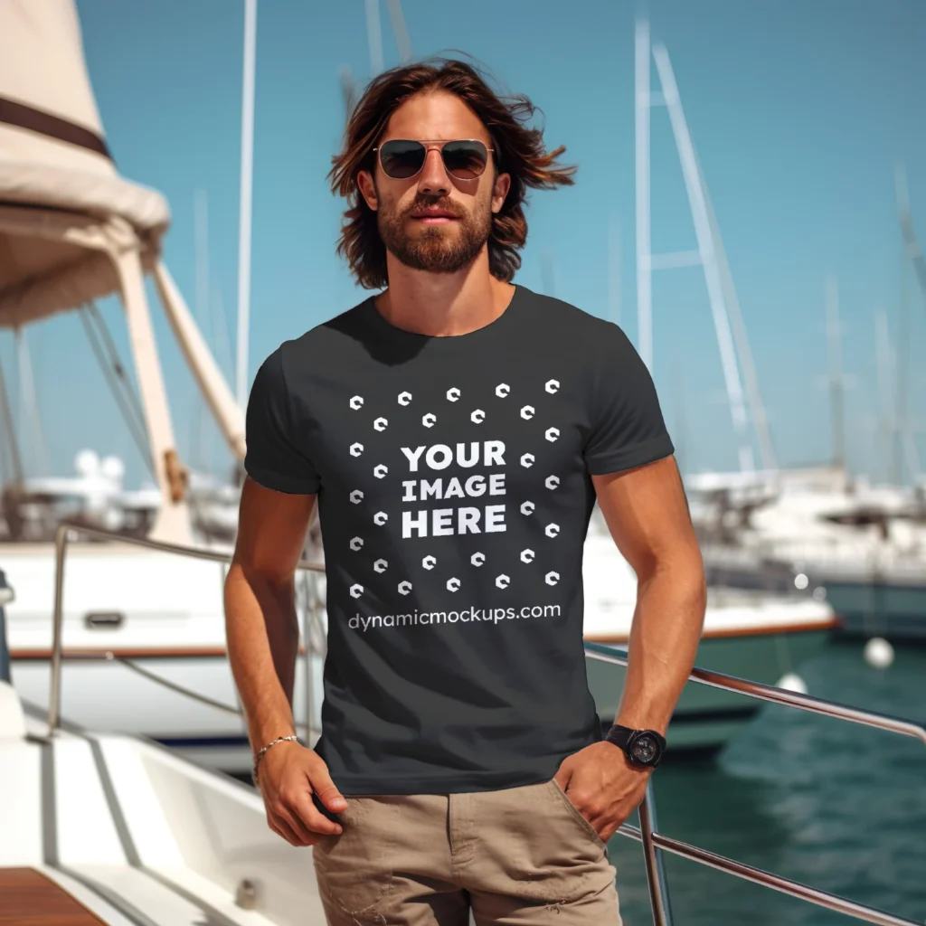 Man Wearing Black T-shirt Mockup Front View Template