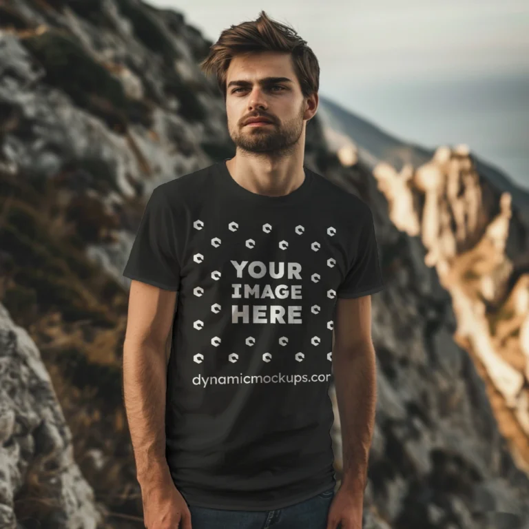 Man Wearing Black T-shirt Mockup Front View Template