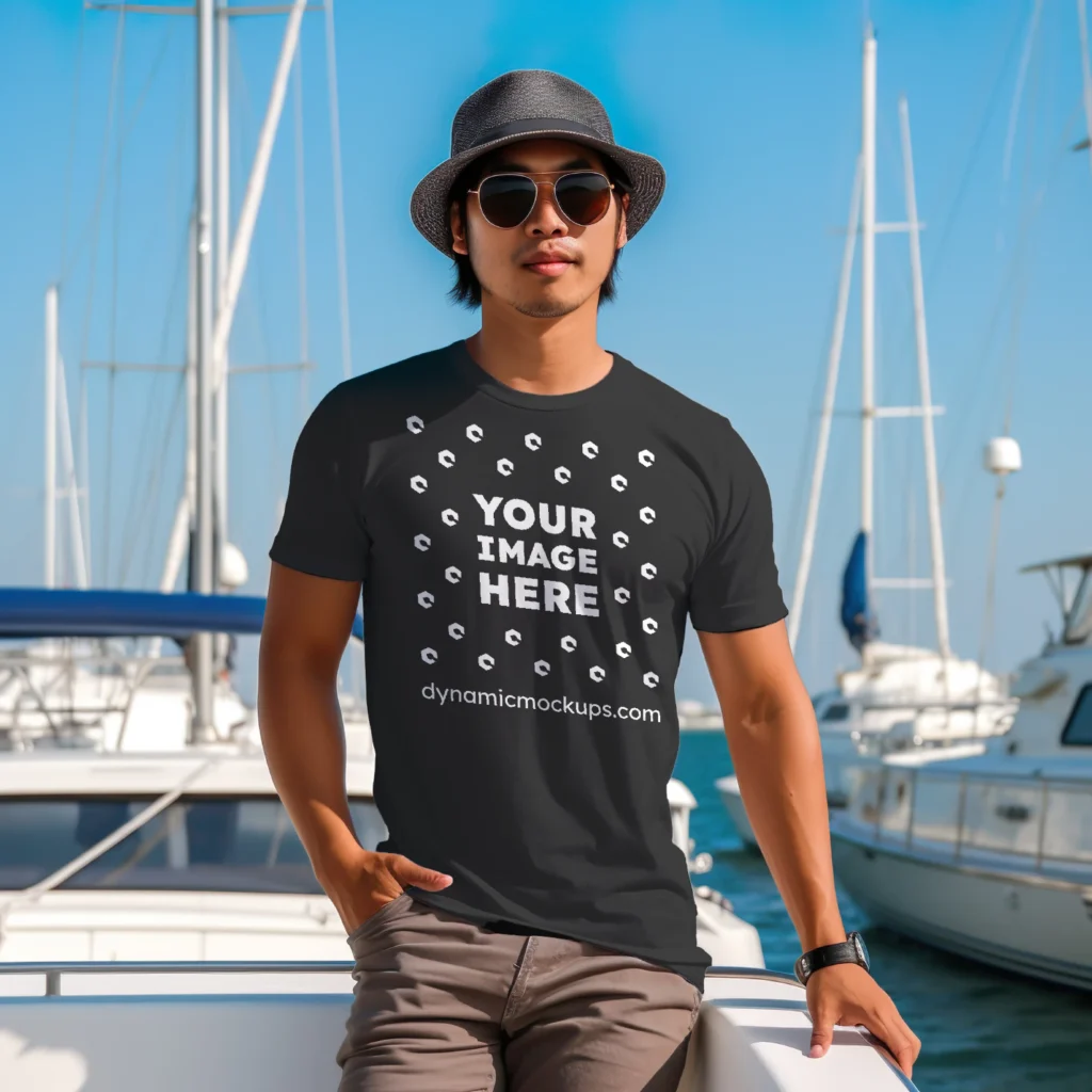 Man Wearing Black T-shirt Mockup Front View Template