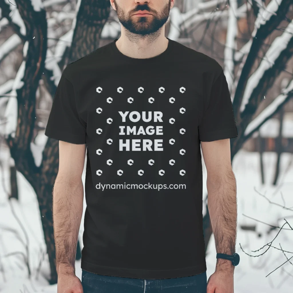 Man Wearing Black T-shirt Mockup Front View Template