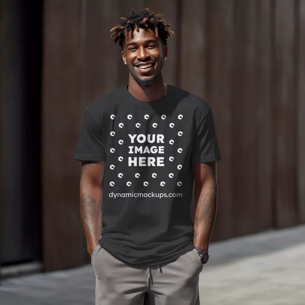 Man Wearing Black T-shirt Mockup Front View Template