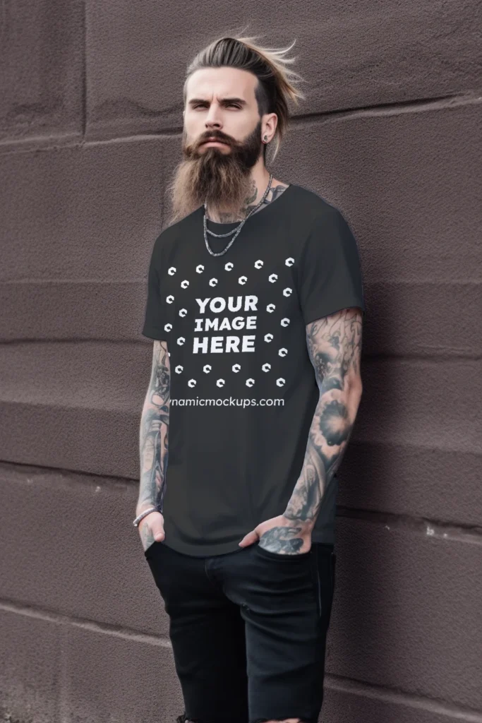 Man Wearing Black T-shirt Mockup Front View Template