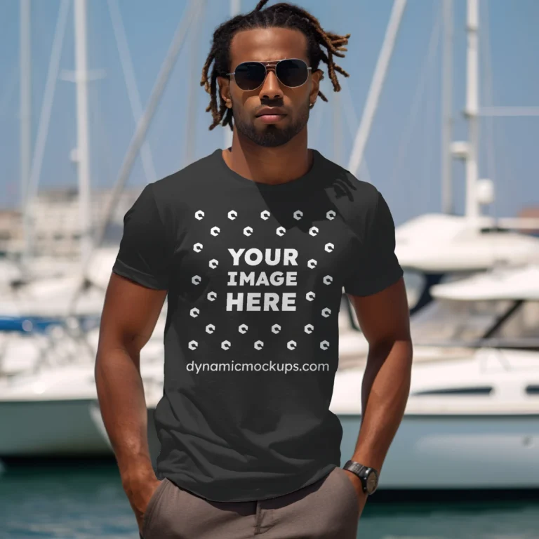 Man Wearing Black T-shirt Mockup Front View Template